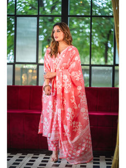 DIMPLE DESIGN STUDIO - Prerna Cotton Straight Peach Kurta with Pant and Dupatta (Set of 2)