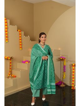 DIMPLE DESIGN STUDIO - Mint Green Bandhej Kurta with Pant and Dupatta (Set of 3)