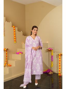 DIMPLE DESIGN STUDIO - Lavender Floral Cotton Kurta with Pant and Dupatta (Set of 3)