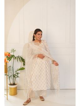 DIMPLE DESIGN STUDIO - Dove Cotton Ivory White Kurta with Pant and Dupatta (Set of 3)