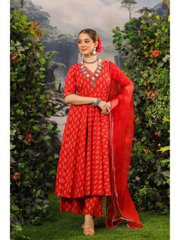 DIMPLE DESIGN STUDIO - Madhubala Cotton Red Anarkali Kurta with Palazzo and Dupatta (Set of 3)