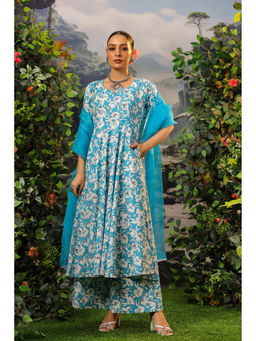 DIMPLE DESIGN STUDIO - Pallavi Cotton Blue Anarkali Kurta with Palazzo and Dupatta (Set of 3)