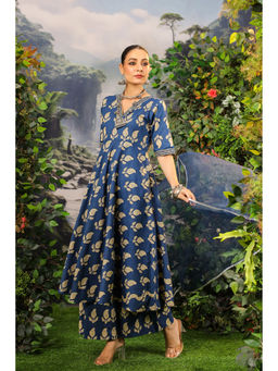 DIMPLE DESIGN STUDIO - Nisha Cotton Navy Blue Anarkali Kurta with Palazzo and Dupatta (Set of 3)