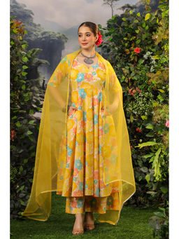 DIMPLE DESIGN STUDIO - Sita Cotton Yellow Anarkali Kurta with Palazzo and Dupatta (Set of 3)