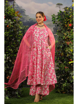 DIMPLE DESIGN STUDIO - Heera Cotton Pink Anarkali Kurta with Palazzo and Dupatta (Set of 3)