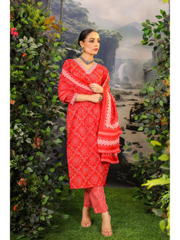 DIMPLE DESIGN STUDIO - Red Bandhej Cotton Kurta with Pant and Dupatta (Set of 3)