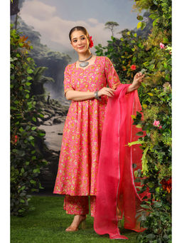 DIMPLE DESIGN STUDIO - Coral Pink Cotton Anarkali Kurta with Palazzo and Dupatta (Set of 3)