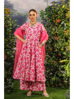 DIMPLE DESIGN STUDIO - Syeda Cotton Pink Anarkali Kurta with Palazzo and Dupatta (Set of 3)