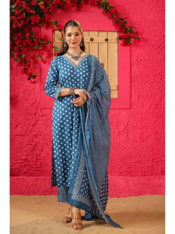 DIMPLE DESIGN STUDIO - Blue Polka Straight Kurta with Pant and Dupatta (Set of 3)