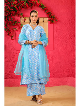 DIMPLE DESIGN STUDIO - Aafia Cotton Blue A-Line Kurta with Palazzo and Dupatta (Set of 3)