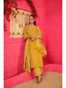 DIMPLE DESIGN STUDIO - Yellow Polka Cotton Straight Kurta with Pant and Dupatta (Set of 3)