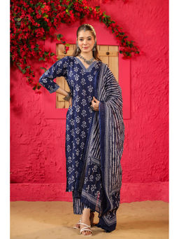 DIMPLE DESIGN STUDIO - Blue Boota Navy Blue Kurta with Pant and Dupatta (Set of 3)