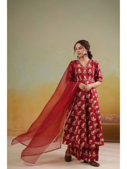 DIMPLE DESIGN STUDIO - Fahida Red Anarkali Kurta with Palazzo and Dupatta (Set of 3)