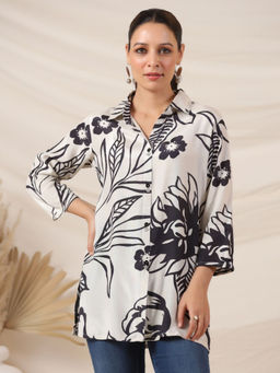 KAFTANIZE - Off-White & Black Floral Printed Shirt In Russian Silk