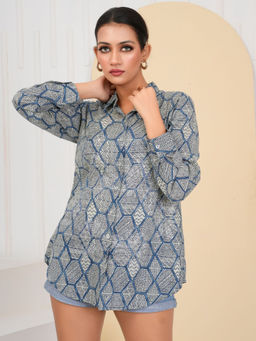 KAFTANIZE - Geometric Print Rhinestone Detail Cotton Shirt