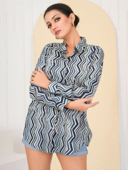 KAFTANIZE - Zig-Zag Stripe Rhinestone Detail Cotton Shirt