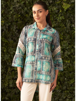 Lakshita - Sea Green Printed Cotton Jacquard Straight Shirt for Women