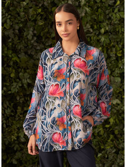 Lakshita - Navy Blue Printed Muslin Straight Shirt for Women