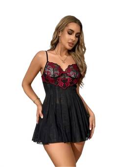 XIVIR - Womens Floral Lace Detailing Black Babydoll Lingerie Nightdress with Brief