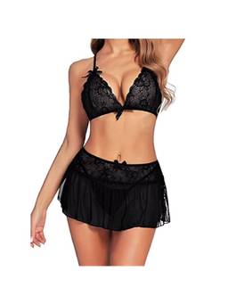 XIVIR - Womens Black Lace Bralette & Skirt with Brief