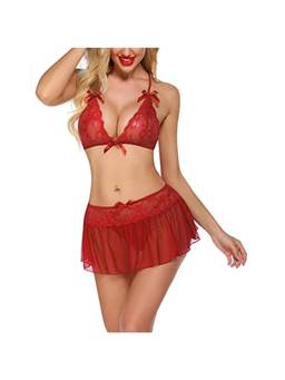 XIVIR - Womens Red Lace Bralette & Skirt with Brief