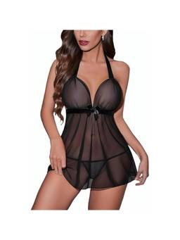 XIVIR - Womens Bow Detail Black Sheer Babydoll Nightdress with Brief