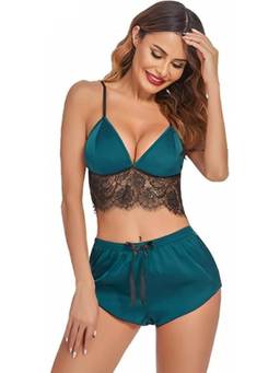 XIVIR - Womens Teal Satin Lace Camisole and Shorts