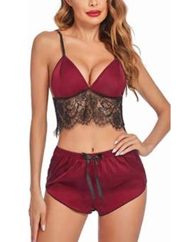 XIVIR - Womens Maroon Satin Lace Camisole and Shorts