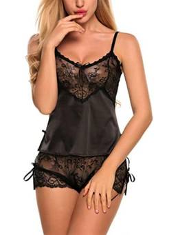 XIVIR - Womens Black Floral Lace Camisole Top & Shorts