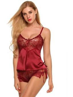 XIVIR - Womens Maroon Floral Lace Camisole Top & Shorts
