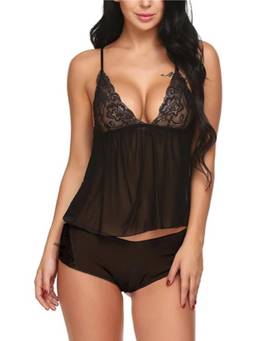 XIVIR - Womens Black Lace Babydoll Camisole and Brief