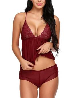 XIVIR - Womens Maroon Lace Babydoll Camisole and Brief