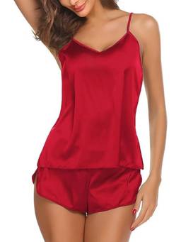 XIVIR - Womens Maroon Satin Nightwear Camisole and Shorts