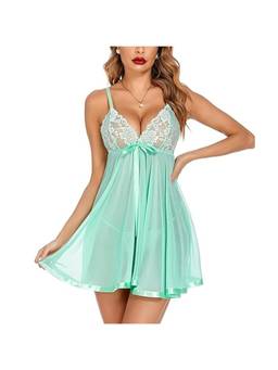 XIVIR - Womens Bow Accent Tint Green Sheer Lace Babydoll Dress with Brief