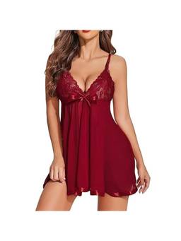 XIVIR - Womens Bow Accent Maroon Sheer Lace Babydoll Dress with Brief