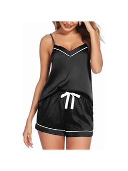 XIVIR - Womens Black Satin White Piping Camisole and Shorts