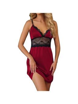 XIVIR - Womens Geometric Lace Waist Maroon Satin Lace Babydoll Nightdress with Brief
