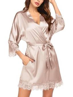 XIVIR - Womens Pink Satin Lace Trim Robe Nightdress with Waist Tie