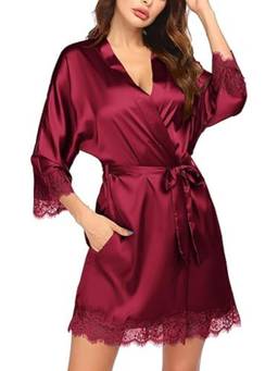 XIVIR - Womens Maroon Satin Lace Trim Robe Nightdress with Waist Tie