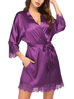 XIVIR - Womens Purple Satin Lace Trim Robe Nightdress with Waist Tie