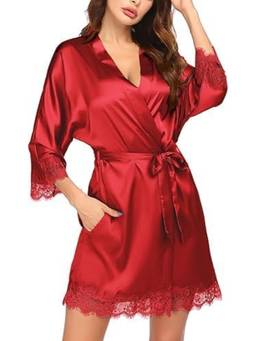 XIVIR - Womens Red Satin Lace Trim Robe Nightdress with Waist Tie