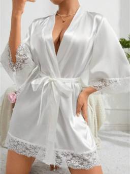 XIVIR - Womens White Satin Lace Trim Robe Nightdress with Waist Tie