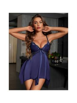 XIVIR - Womens Navy Blue Flared Hem Lace Satin Babydoll Nightdress with Brief