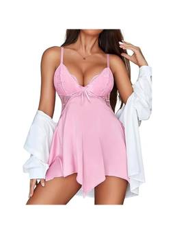 XIVIR - Womens Pink Flared Hem Lace Satin Babydoll Nightdress with Brief