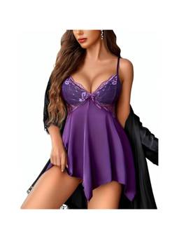 XIVIR - Womens Purple Flared Hem Lace Satin Babydoll Nightdress with Brief