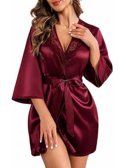 XIVIR - Womens Maroon Satin Lace Trim Robe with Waist Belt