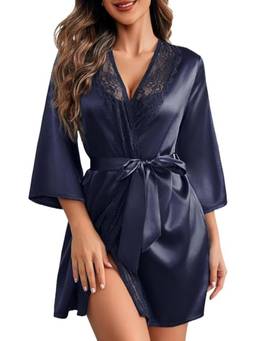 XIVIR - Womens Navy Blue Satin Lace Trim Robe with Waist Belt
