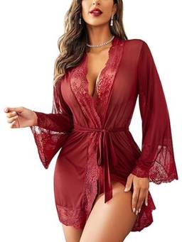 XIVIR - Womens Long Sleeves Waist Tie Maroon Sheer Lace Robe with Brief