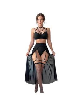 XIVIR - Womens Black Strappy Top with Long Skirt & Fishnet Stockings, Brief