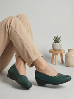 DENILL - Women Green Textured Slip-On Block Heels